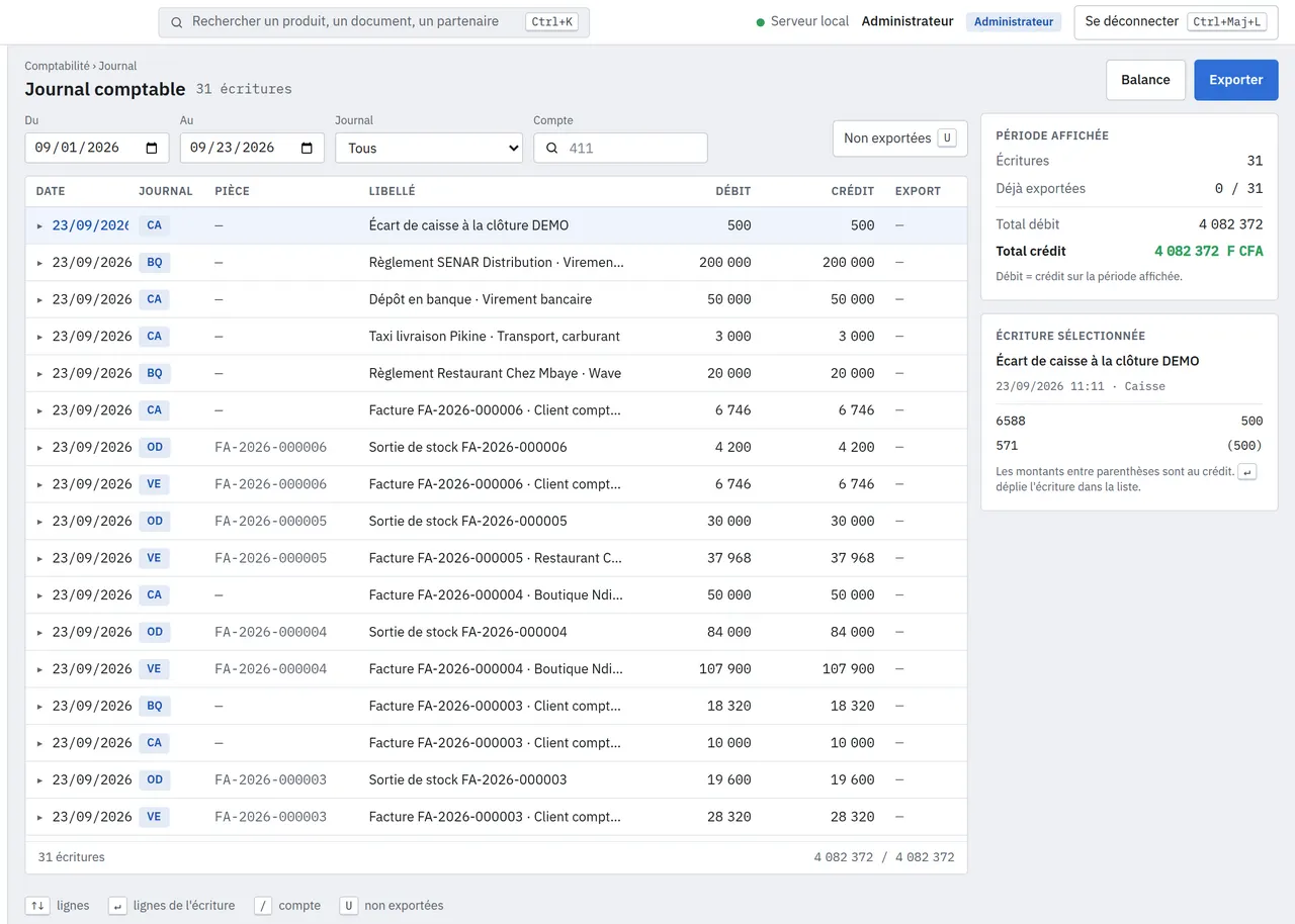 Journal comptable StockSys : écritures SYSCOHADA équilibrées générées à la validation de chaque document.